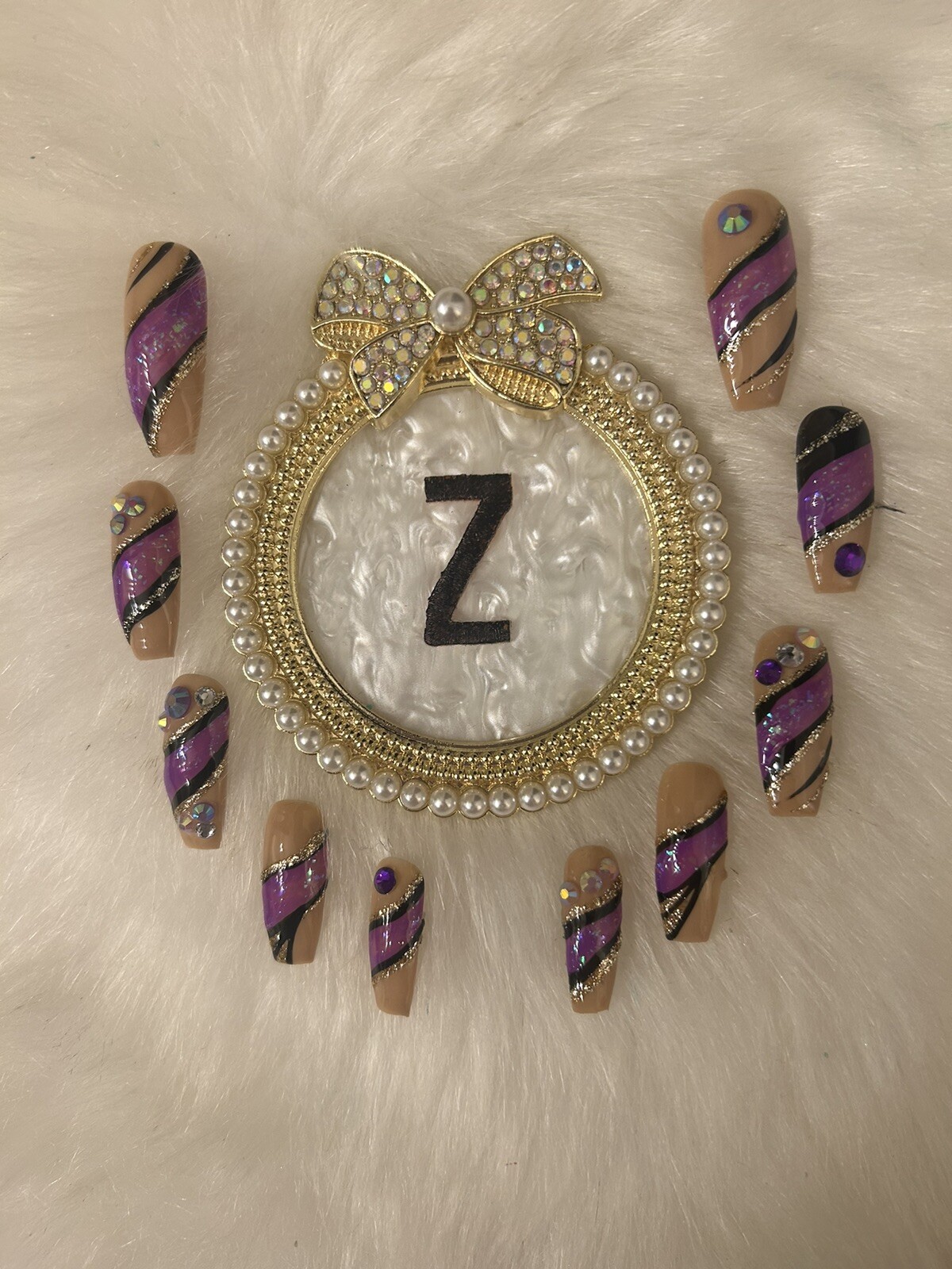 Z NAILZ! Gorgeous Set Of M Long Coffin Nude Press On Nails With Swirls And Bling