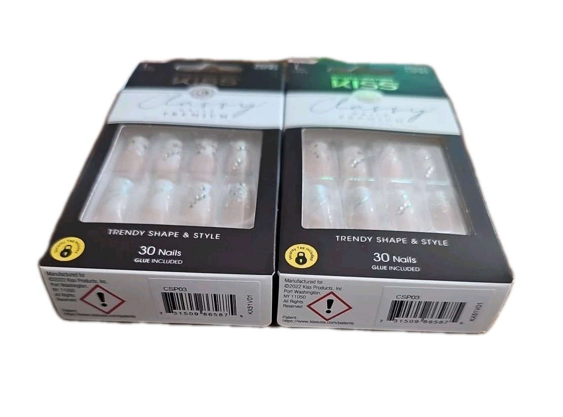 2X KISS Classy Premium Press On Nails Long French Rhinestone Glue Included 30ct