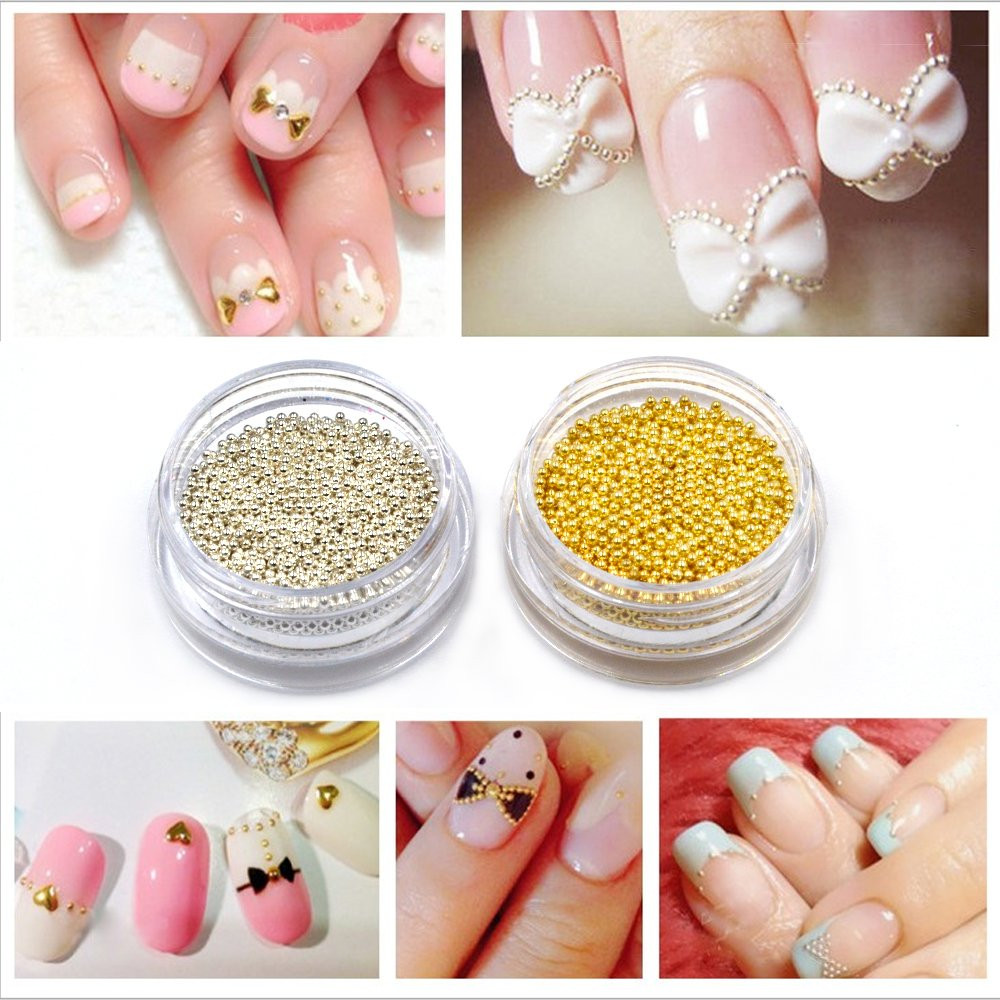 2Pcs Gold Silver Mini Metallic Caviar Nail Beads for 3D Metal Nail Ball Decorati