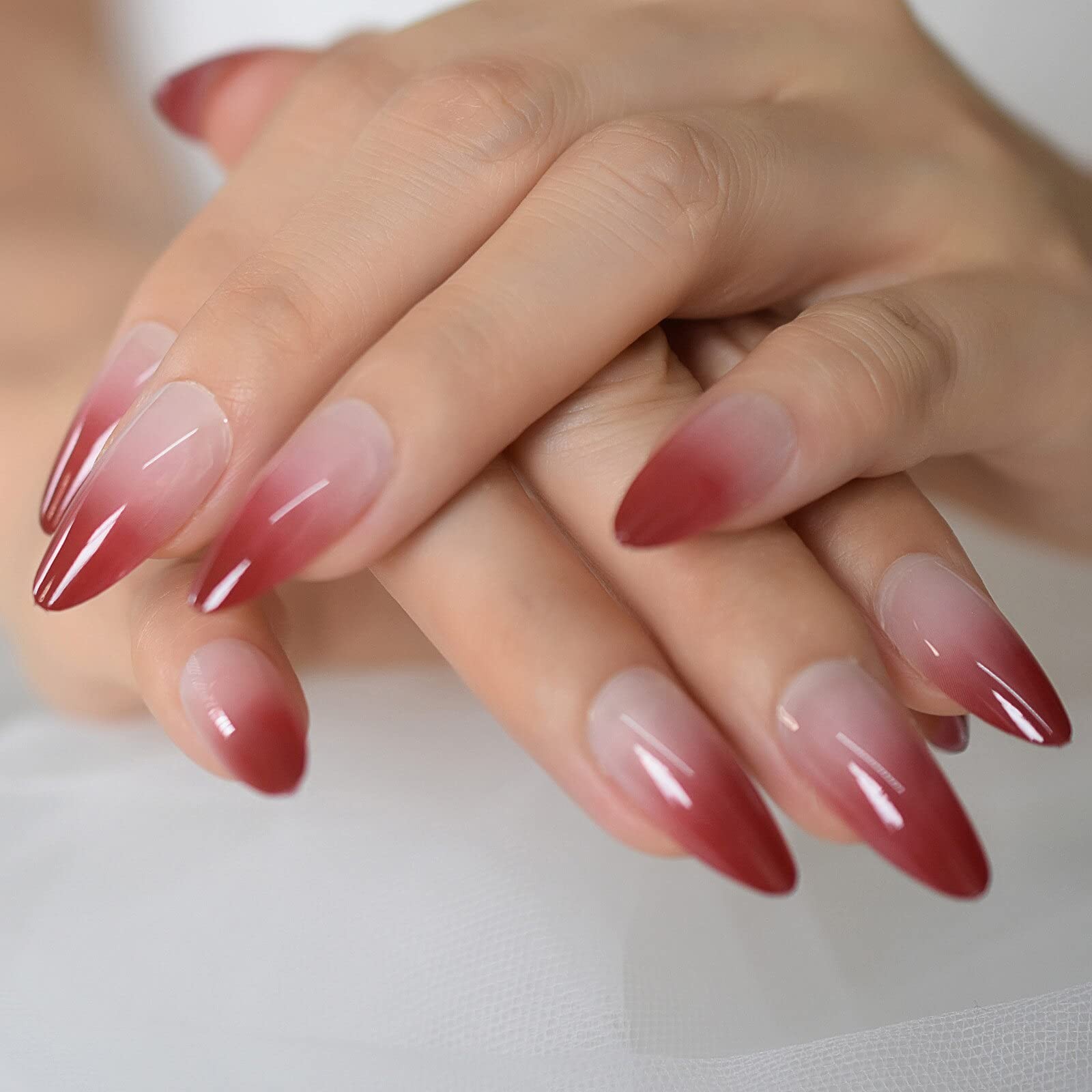 24PCS Fake Nails Ombre Dark Red Medium Long Reusable French False Nails Almon…