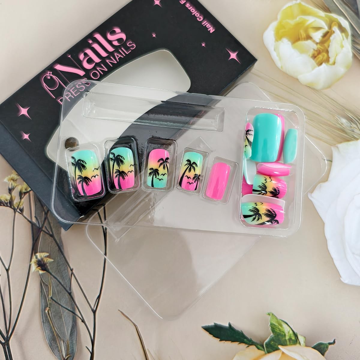 24Pcs Summer Press on Nails Short Palm Tree Square, Multicolor