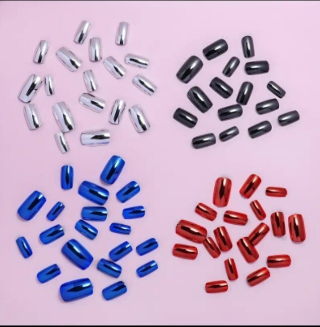 Chrome Red Silver Blue Dark Gray Medium Square Glue On Fingernails 4 Sets