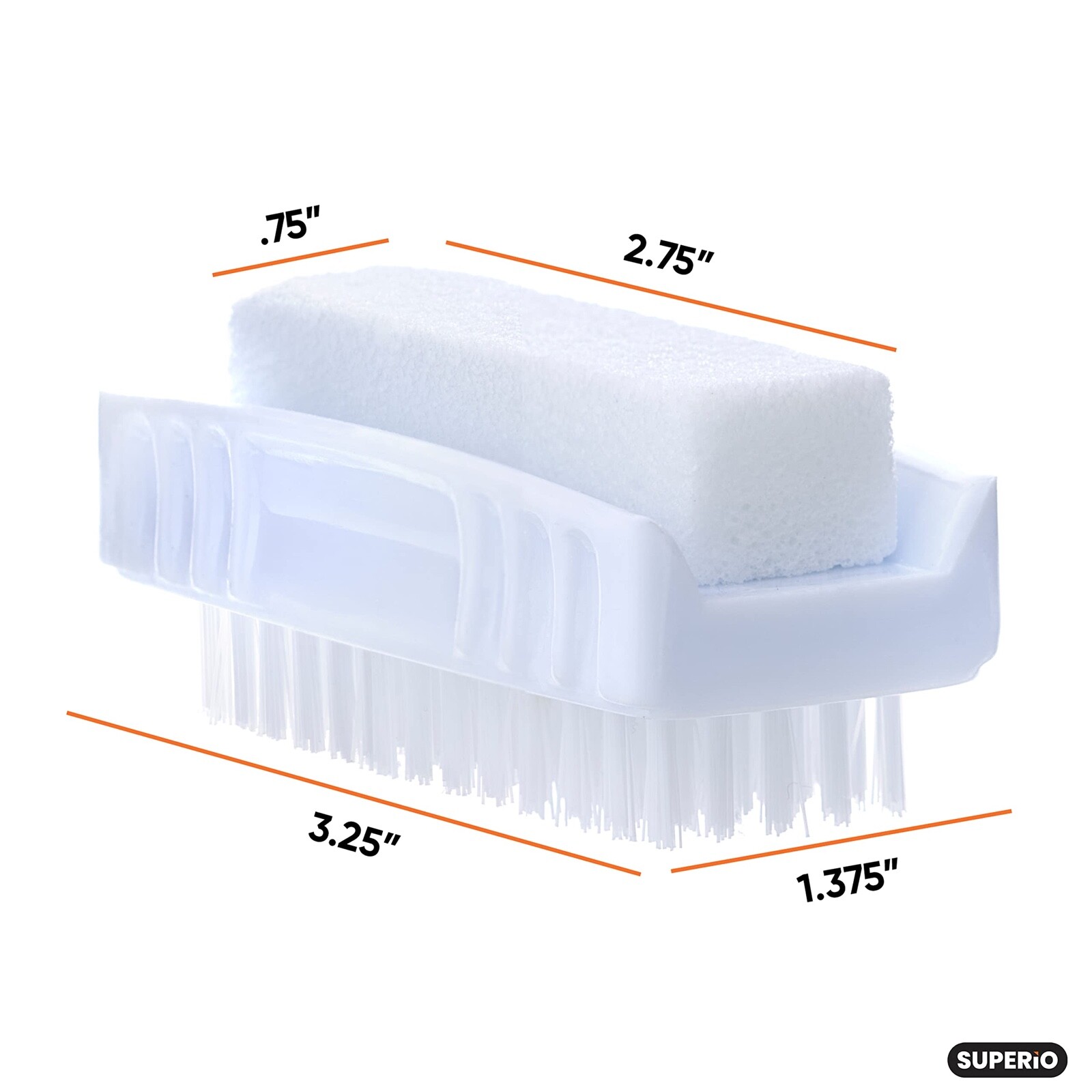 Superio White Pumice Stone Brush and Nail Brush, Dual Side, Stiff Bristles