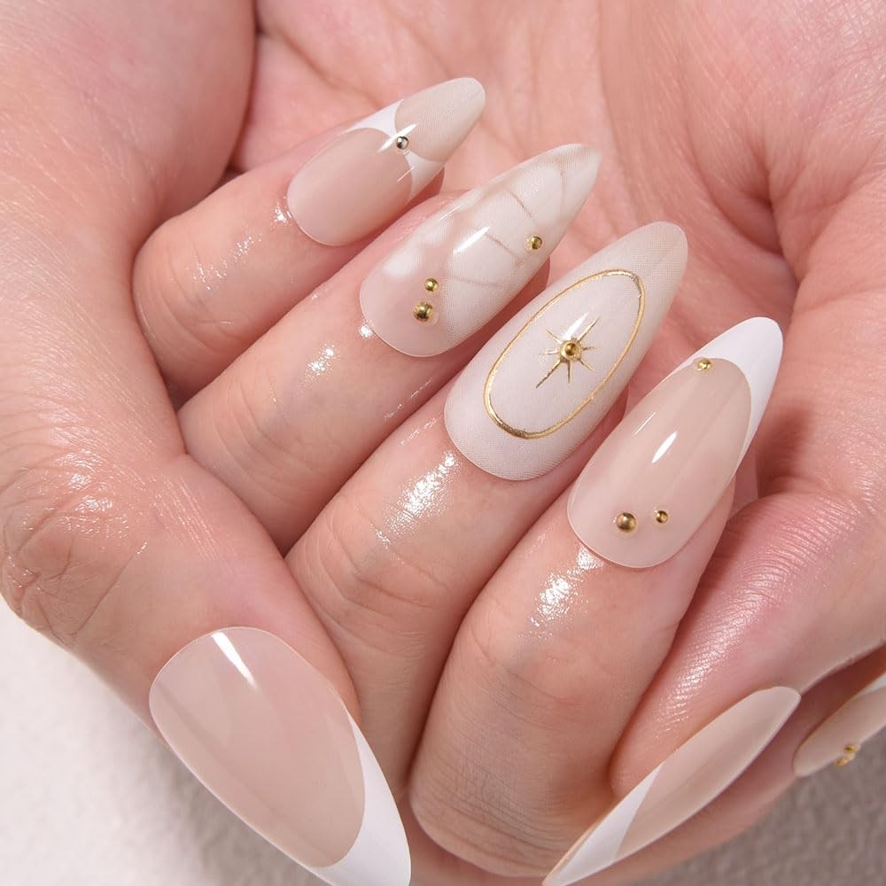 evpct Bohemian Nude White Tip Medium Almond Press On Nails