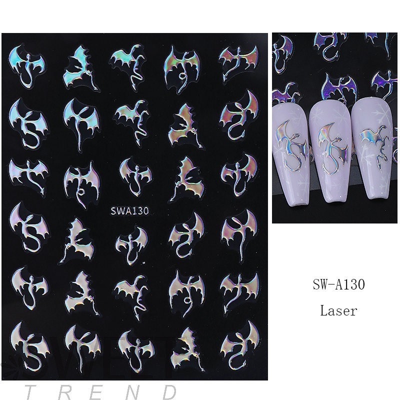 3pcs Metallic Flying Dragon Scales Nail Sticker Gold Silver Laser Devil Bat NH30