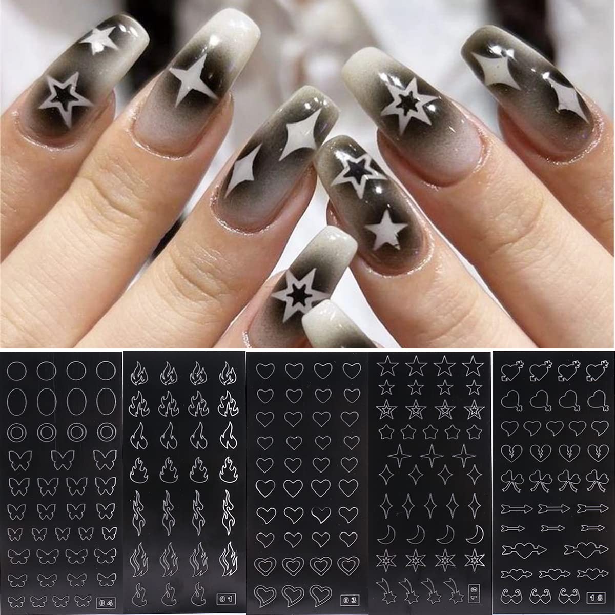 Airbrush Stencil for Nails 10 Sheets Heart Nail Charms Butterfly Bear Stars H…