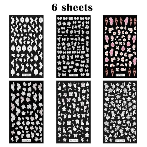 6 Sheets Flower Nail Art Stickers Decals 5D Embossed Self-Adhsive Coloful-03