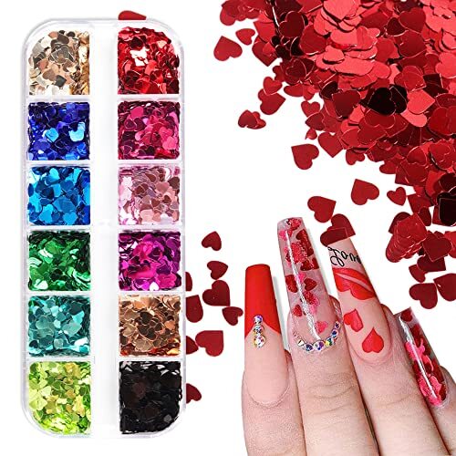 Heart Glitter Sequins for Valentine’s Day Nail Art,12 Colors 3D Holographic