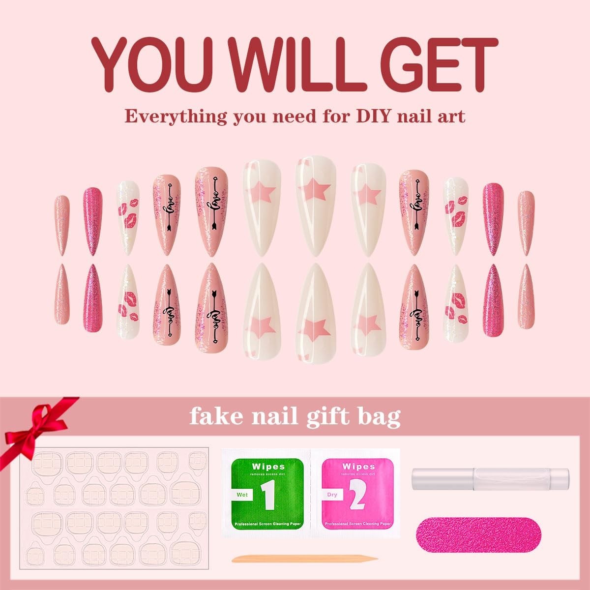 Pink Stiletto Press on Nails Extra Long Fake Nails With Designs Valentines Da…