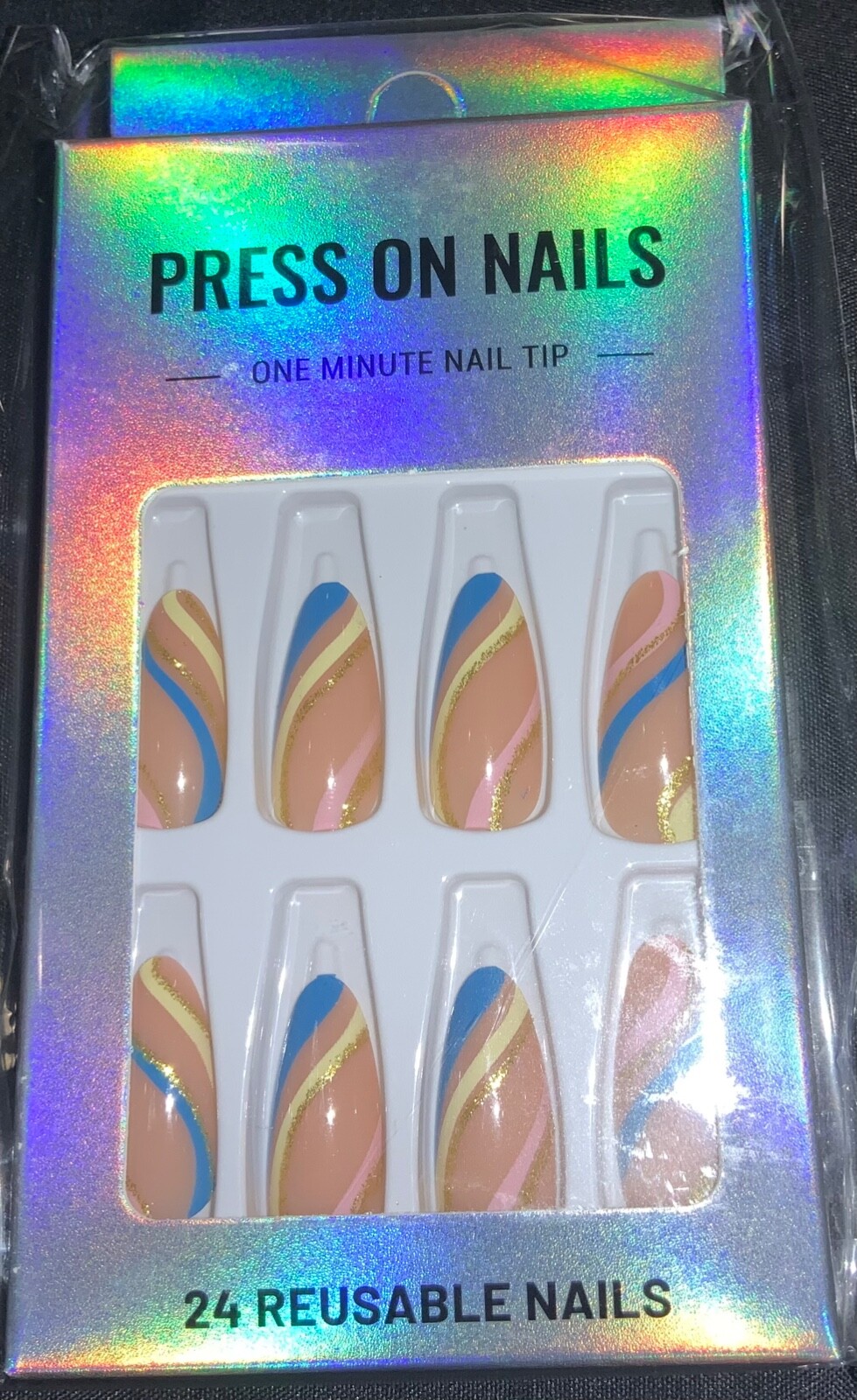 Press On Nails Medium Length Full Cover Designer Nail Tips Blue Yellow Pink Gold