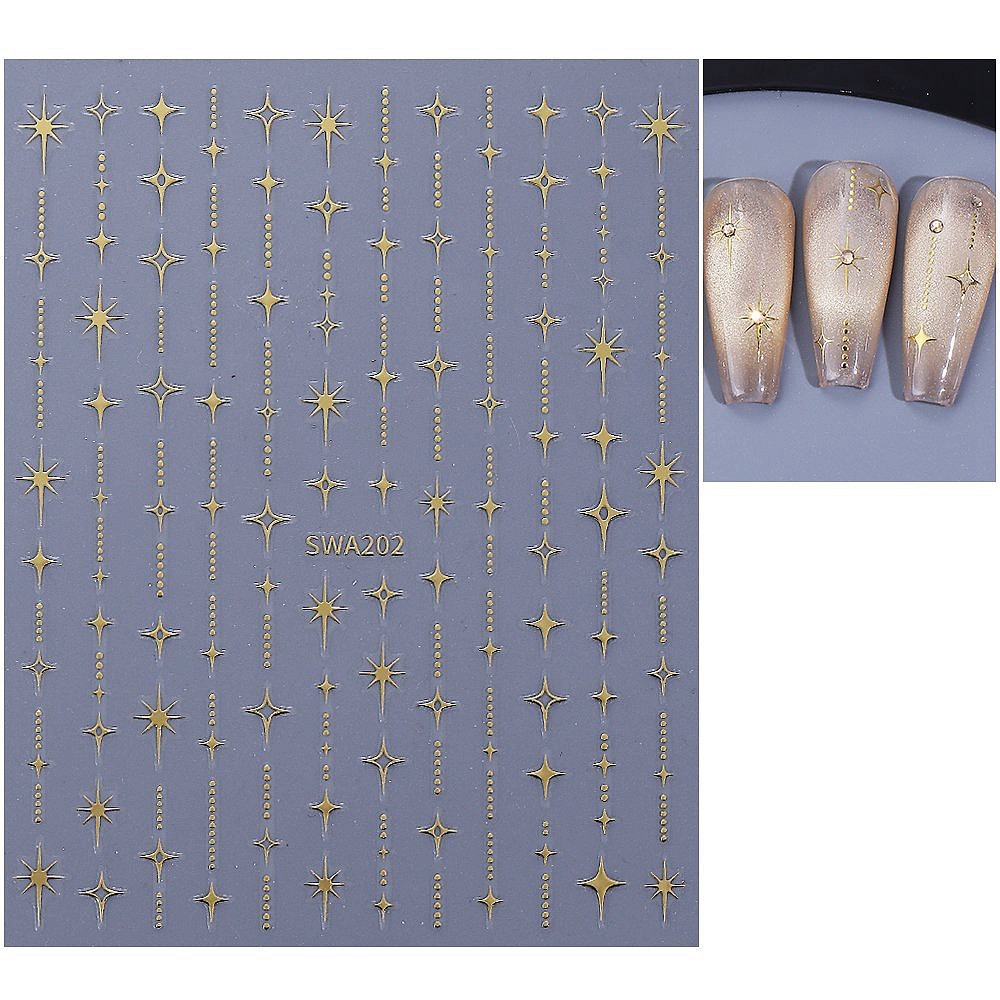 Sparkle Stars Dots Nail Art Stickers Solid Hollow 4 Pointe Star Gold Silver 6080