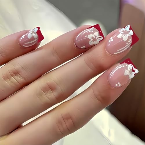 Short Square Red French Tip Press on Nails – White Flower Design, Full Style-21