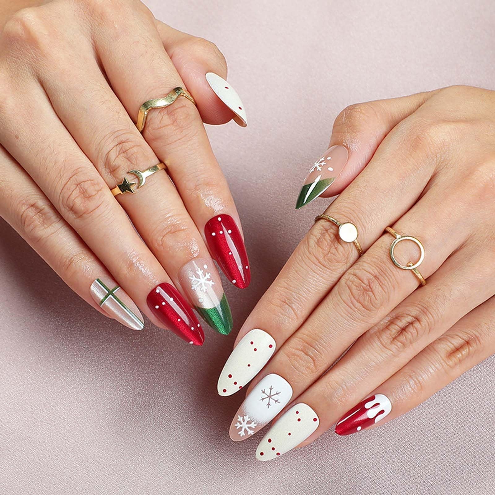24Pcs Christmas French Tip Press on Nails Medium Almond Snowflake Fake Nails …