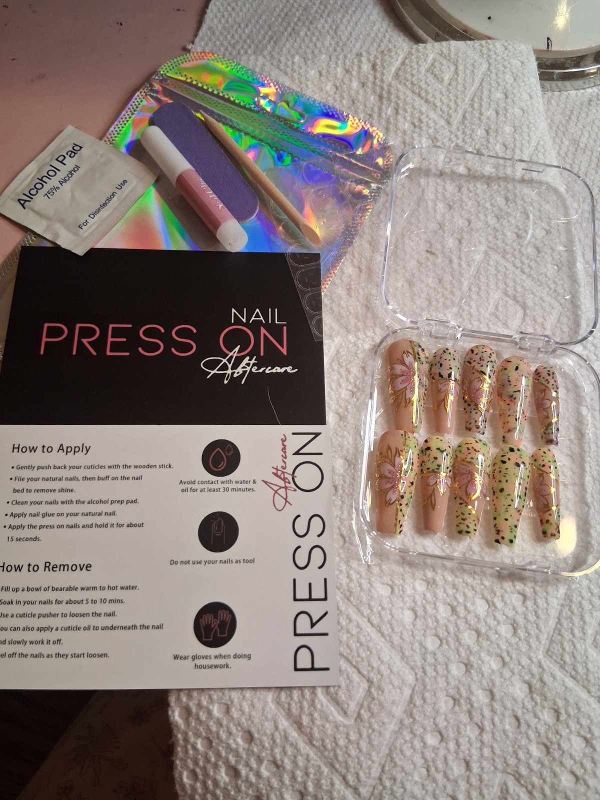 beige multicolor floral shiny long coffin pre-designed press-on nails set