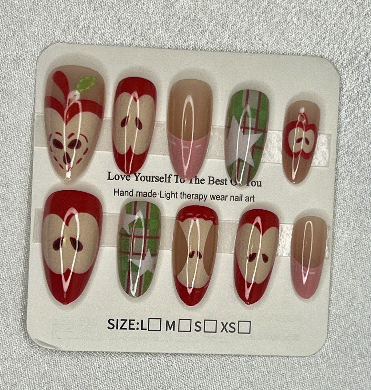 Long Almond Press-On Nails Set Apple Theme Shiny Full Cover Red Beige size L