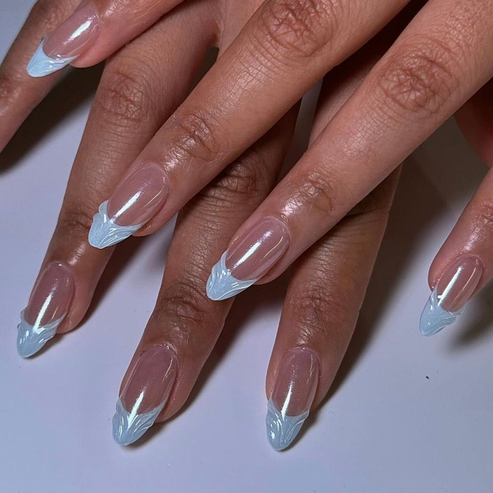 Handmade Light Blue 3D Texture French Long Almond Press on Nails Set