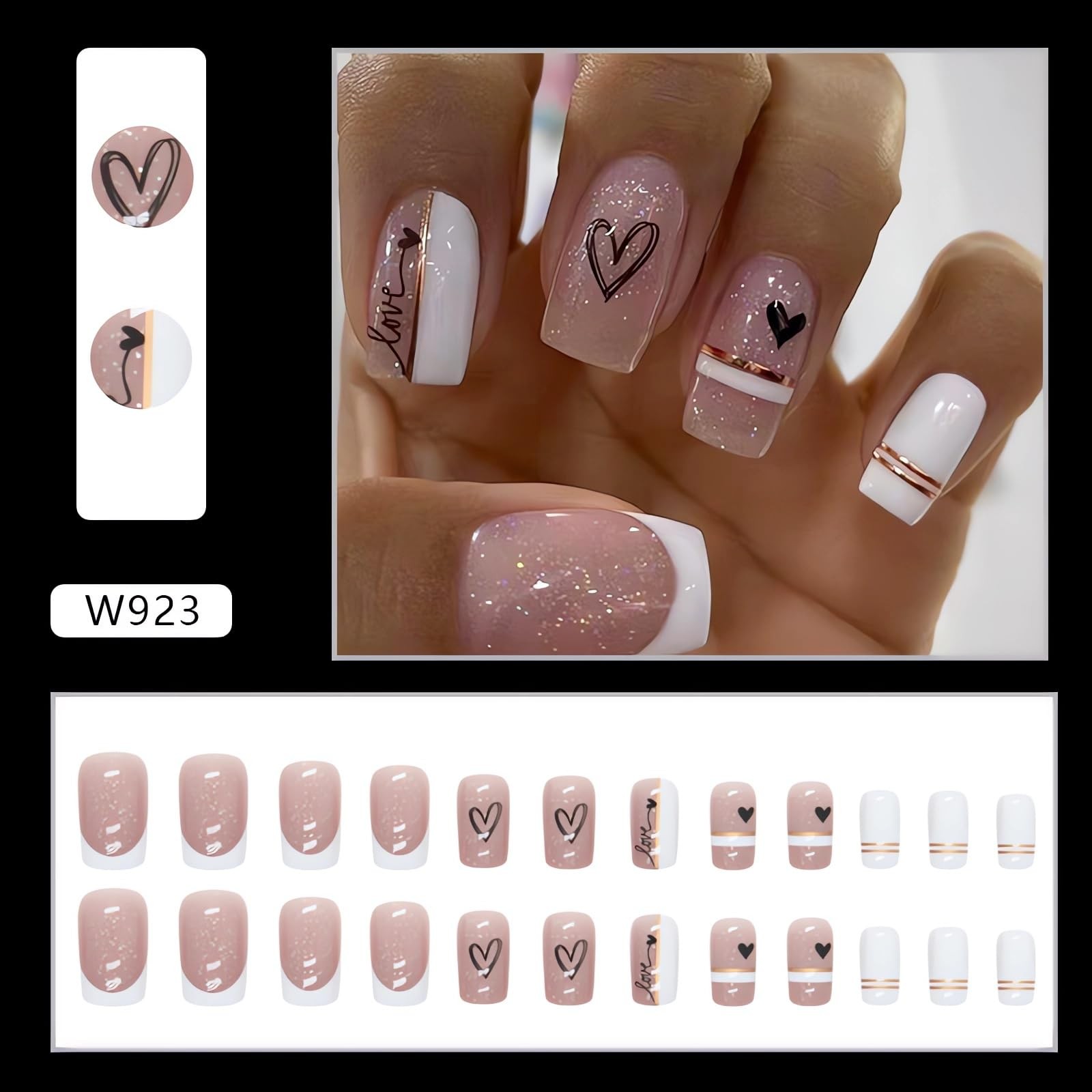 White French Tip Press on Nails Medium Square Valentine’s Day Fake Nails with…