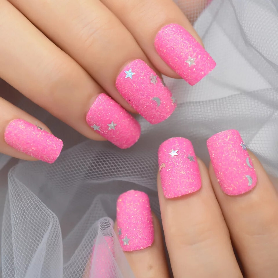 24 Medium Press on Nails kit glue on hot pink glitter square kawaii