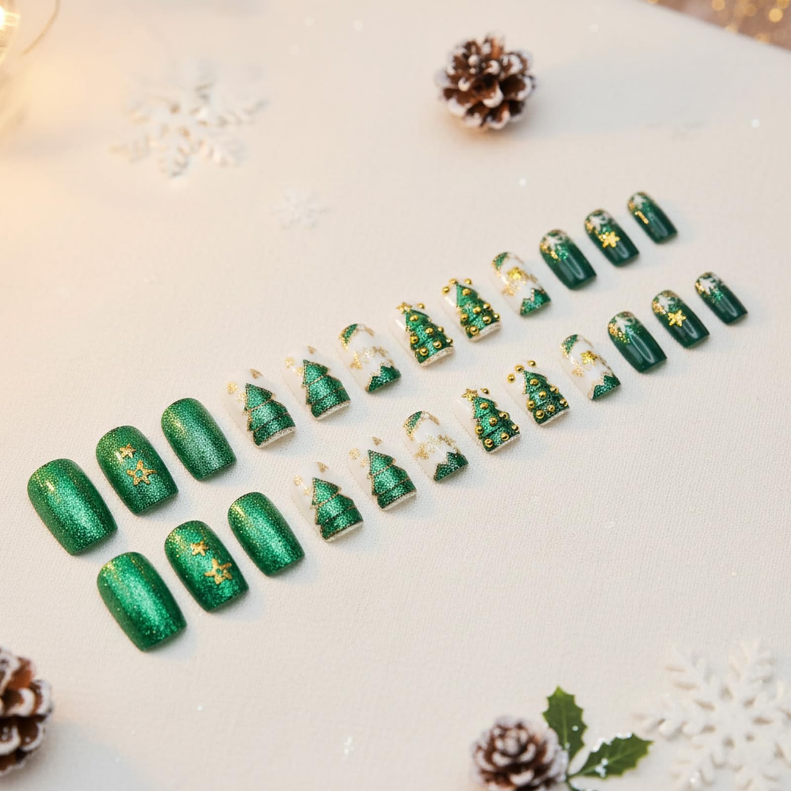 Christmas Press on Nails Medium,Green Square Fake Nails | 3D Christmas Tree &…