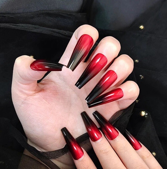 24 Black Red Ombre French Press on nails kit goth xmas metallic shimmer edgy