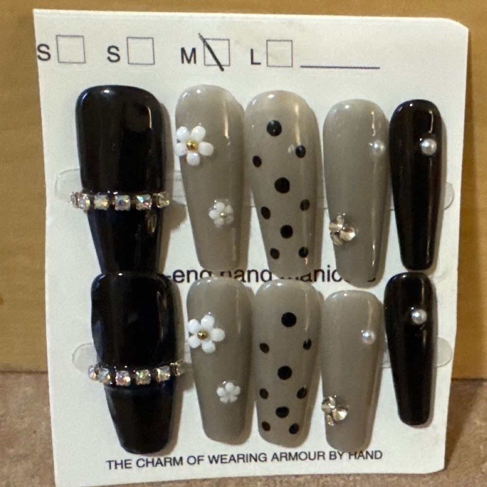 Press On Nails Long Coffin Black Grey 3D Floral Rhinestone Size M 10pc