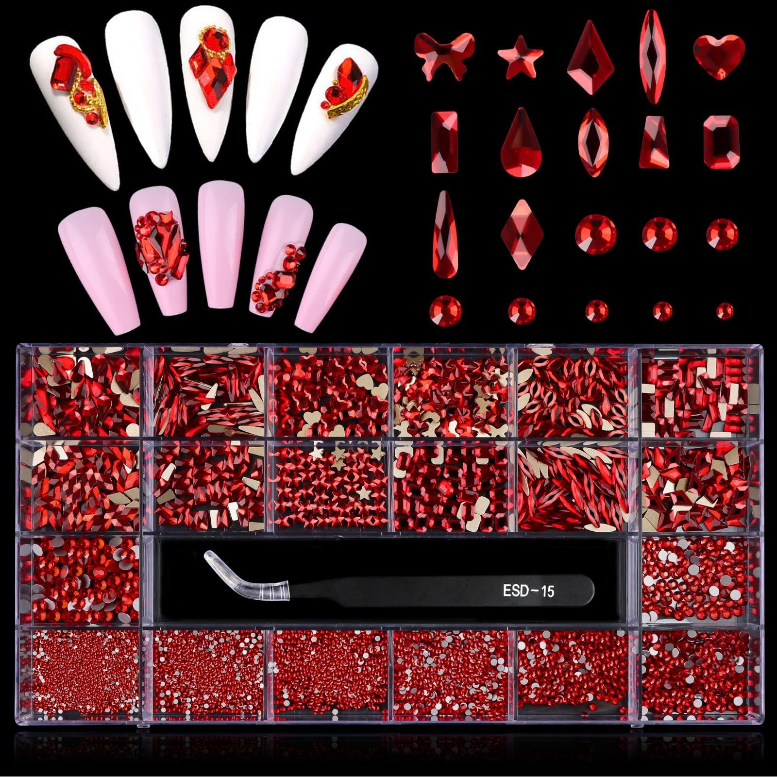 3100Pcs Red Rhinestones for Nails Nail Art Rhinestones Kit