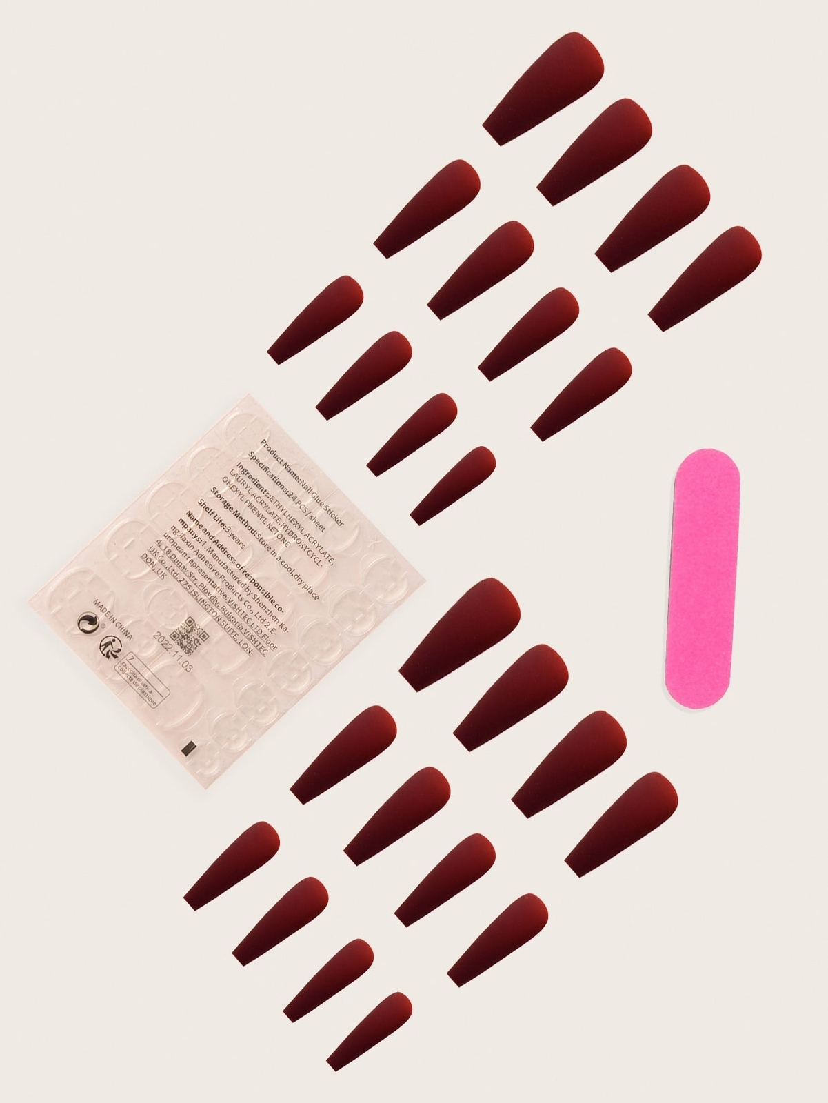 24pcs Long Coffin Burgundy Solid Matte Fake Nail False Nails Press On Nails Glue