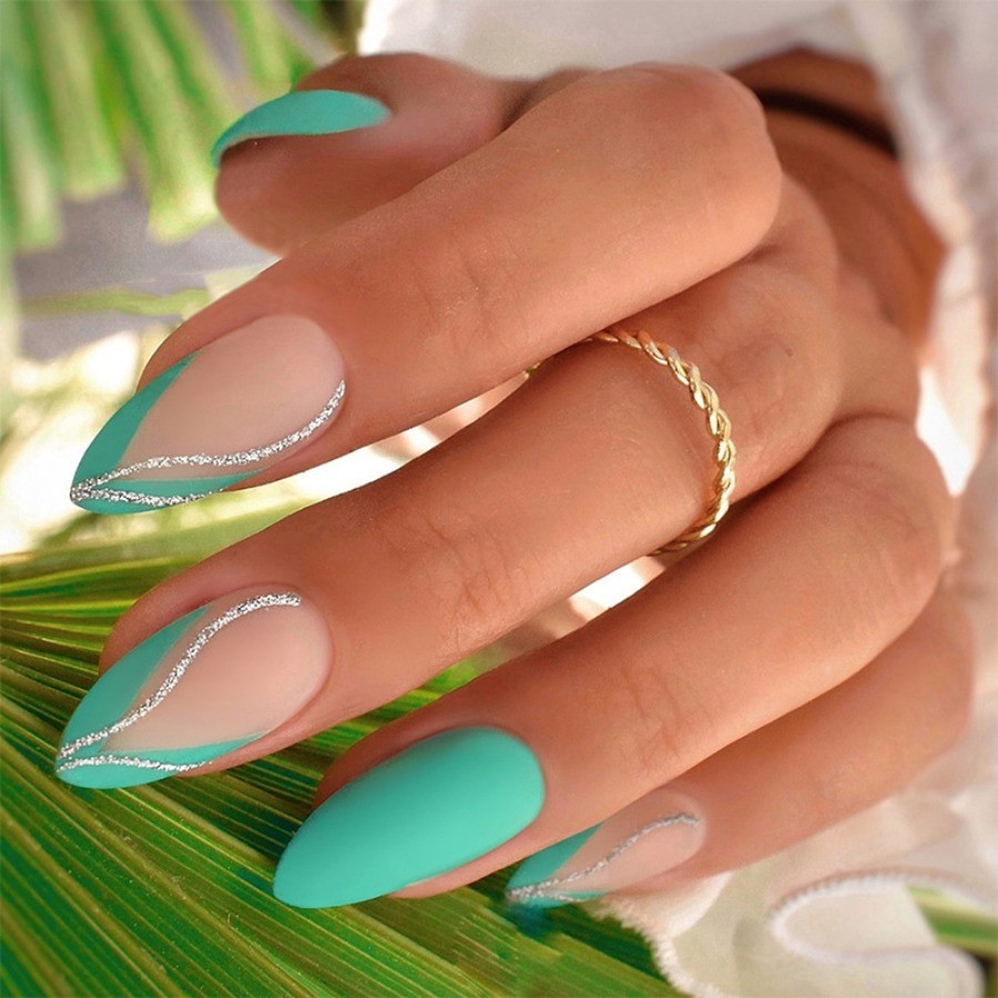 48pcs-Tropical Teal Press on Nail, Almond Nails with Nude Base and Silver Accent