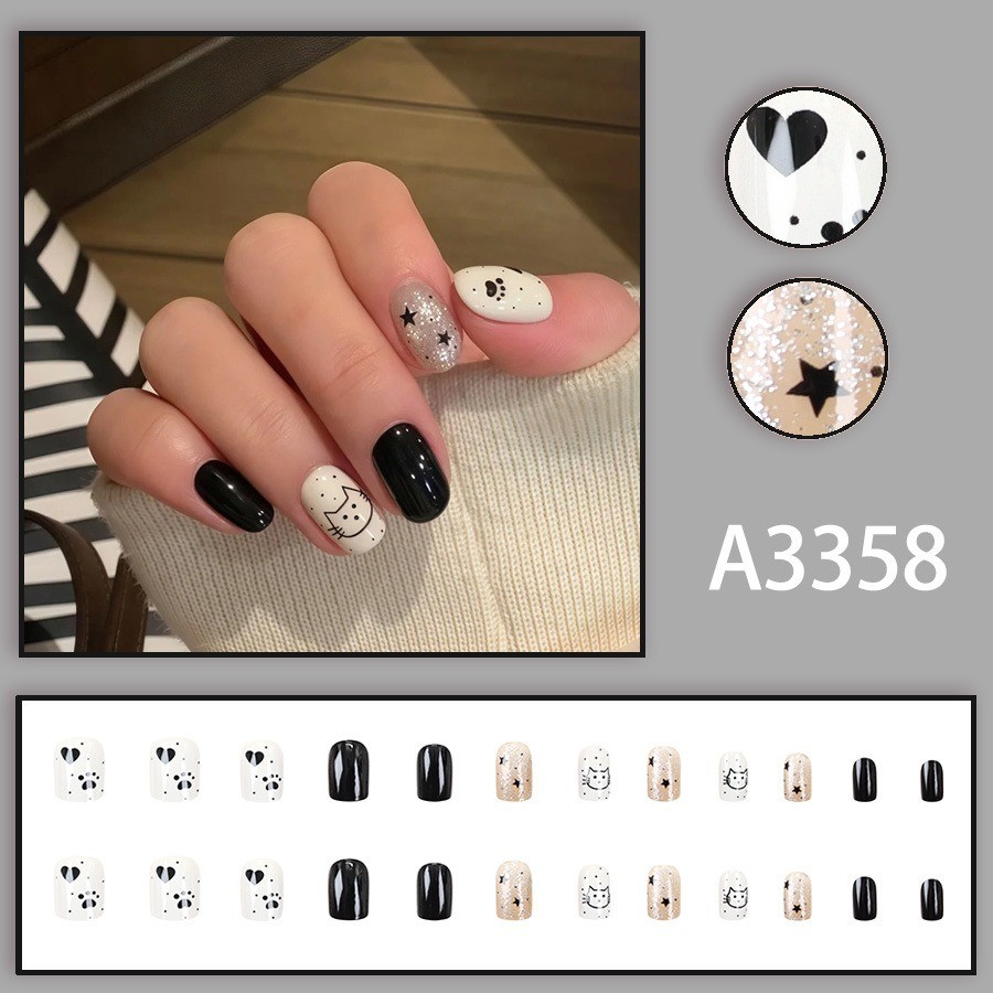 48 Pcs Cartoon Cat Star Black White Oval Press on Nails, Cute Daily Fake Nails