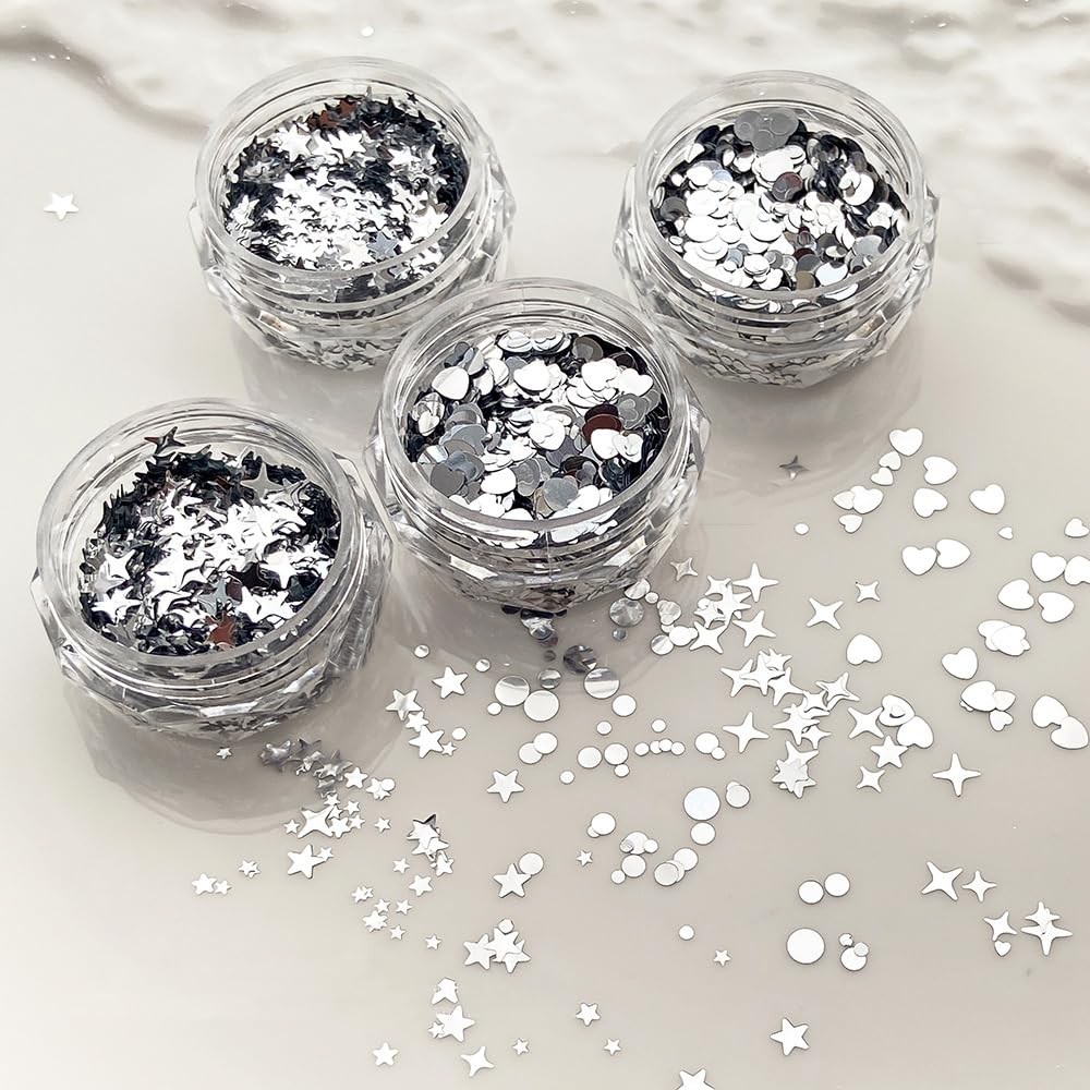 4 Jars Silver Glitter for Nails Design Shiny Nail Glitter Flakes Sparkling Si…