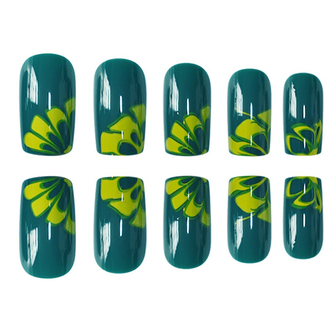 Vintage Olive Green Floral Square Press On Nails INS Style Wholesale