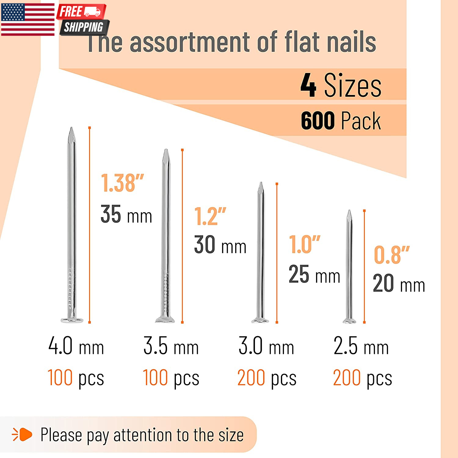 – Nail Assortment Kit, 600 Pcs, 4 Sizes, Silver, Small Nails for Hanging Picture