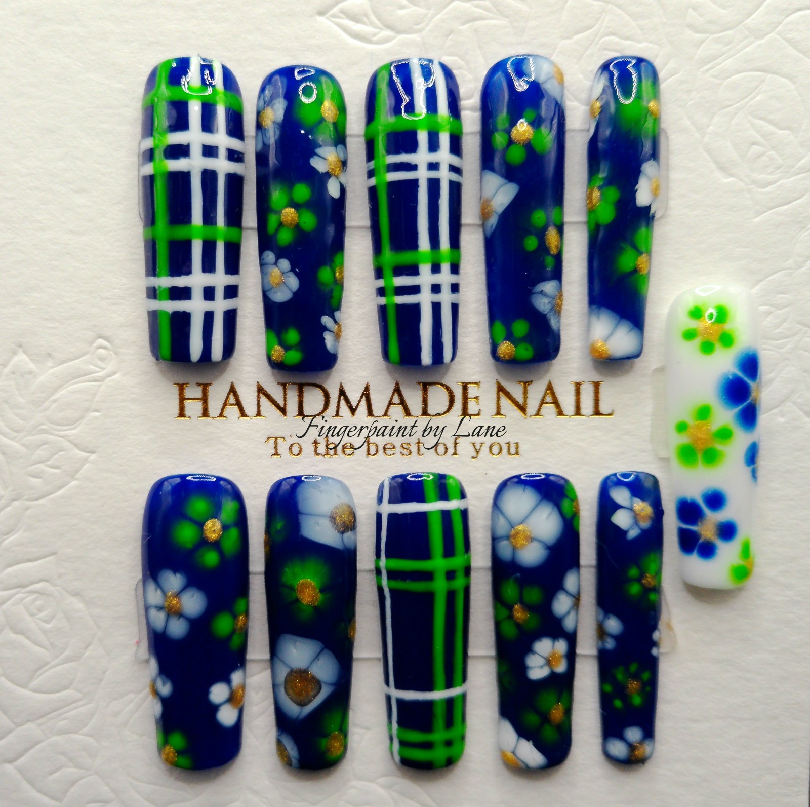 XXL Square Dark Blue and Green Floral and Plaid Press On Nails – Medium Size
