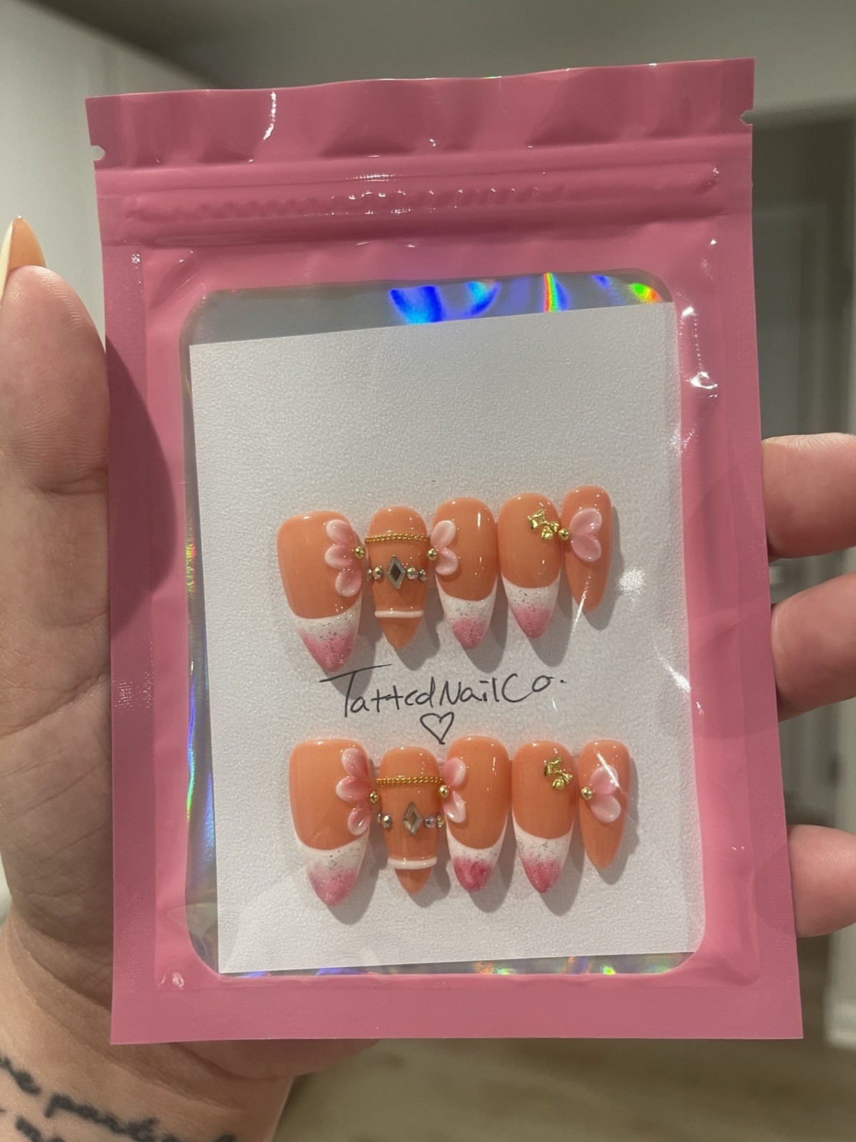 TattedNailCo. Almond Medium Press-On Nails Orange Pink White 3D Floral