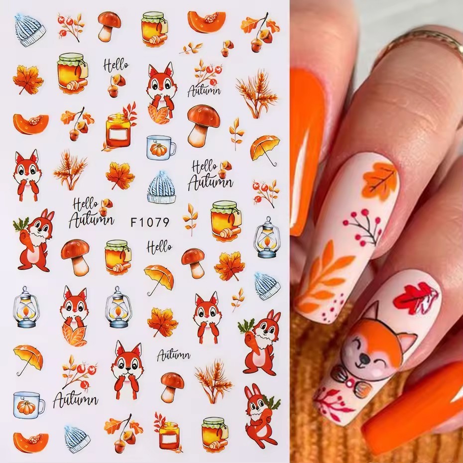 Nail Art 3D Decal Stickers Cute Autumn Mushroom Cartoon Squirrel Fox Owl F1079