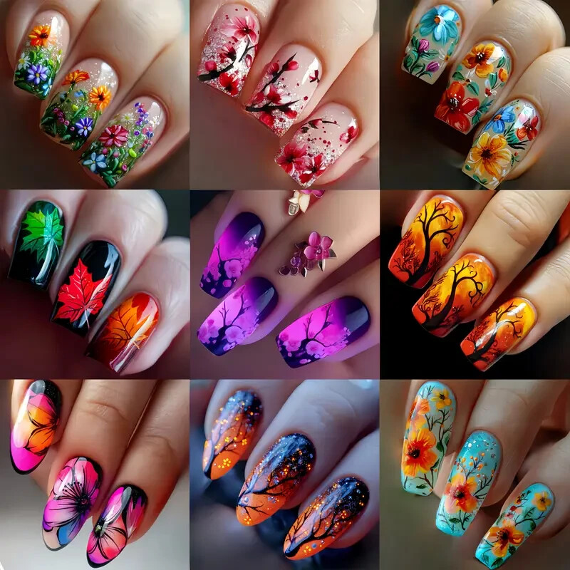 216pcs Spring/Summer Floral Press-On Nail Set, Glossy Finish, Medium and Long