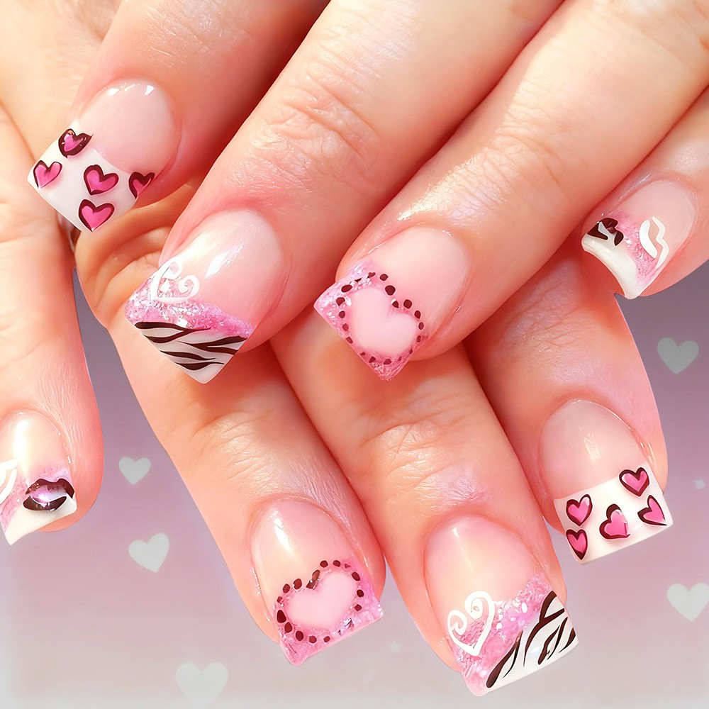 24pcs Short Pink Heart Glitter Nails. Shiny, Reusable for Parties & Any Occasion