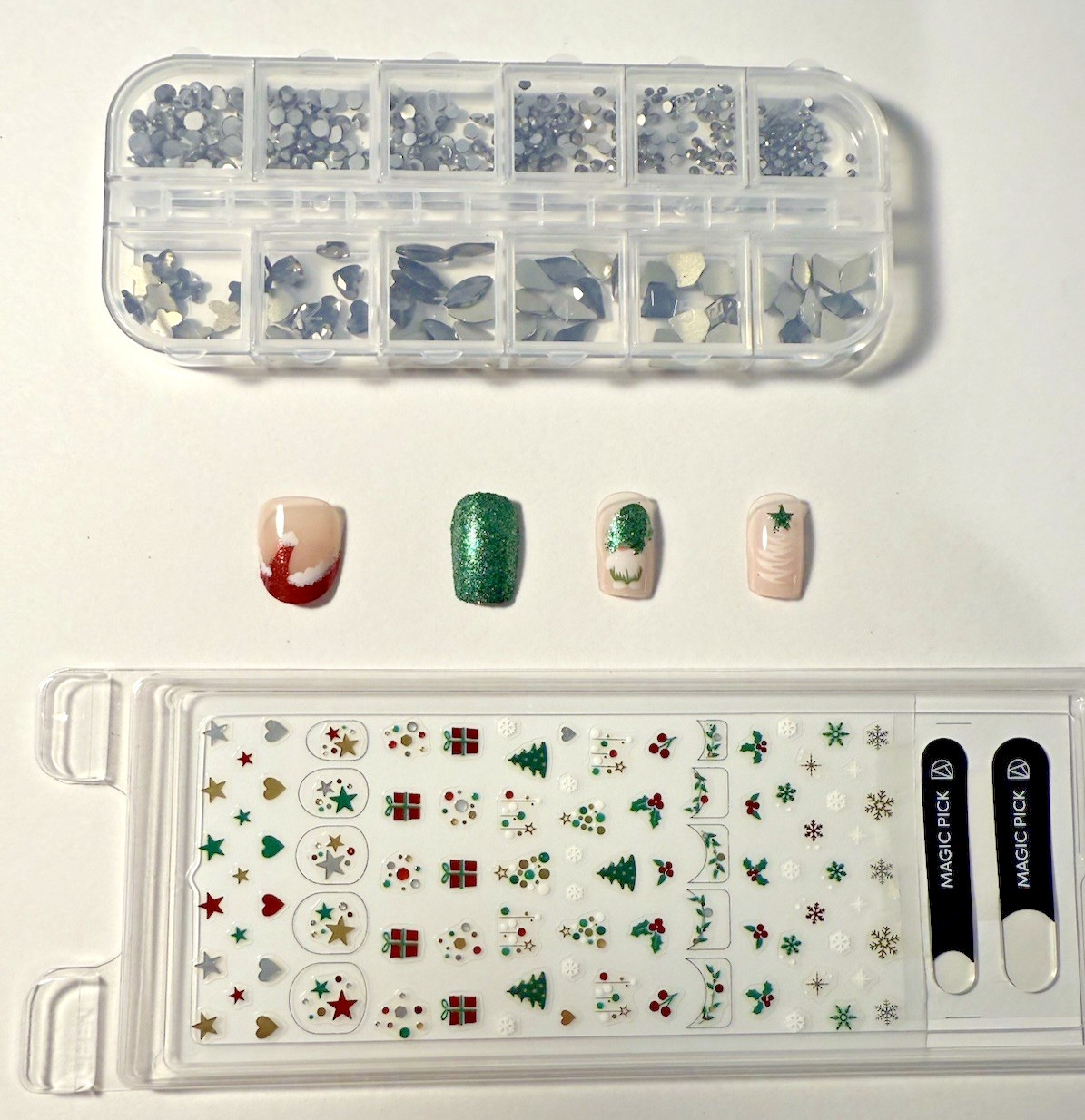 Christmas Nail Art Bundle – 2 Sets Press-On Nails, Holiday Stickers & Nail Charm