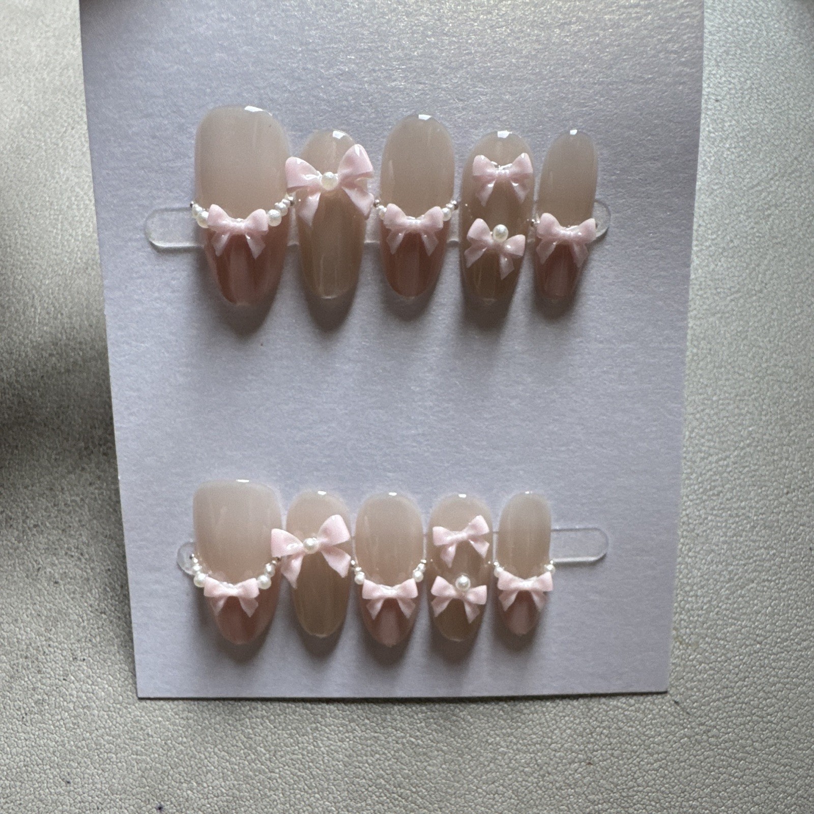 Press-On Nails Long Almond Pink/Beige 3D Bow Theme Full Cover Pre-Designed
