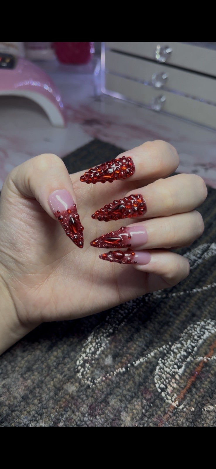 Handmade Press-On-Nails Shinny Red Long Stilettos Bling Bling 10pc Set