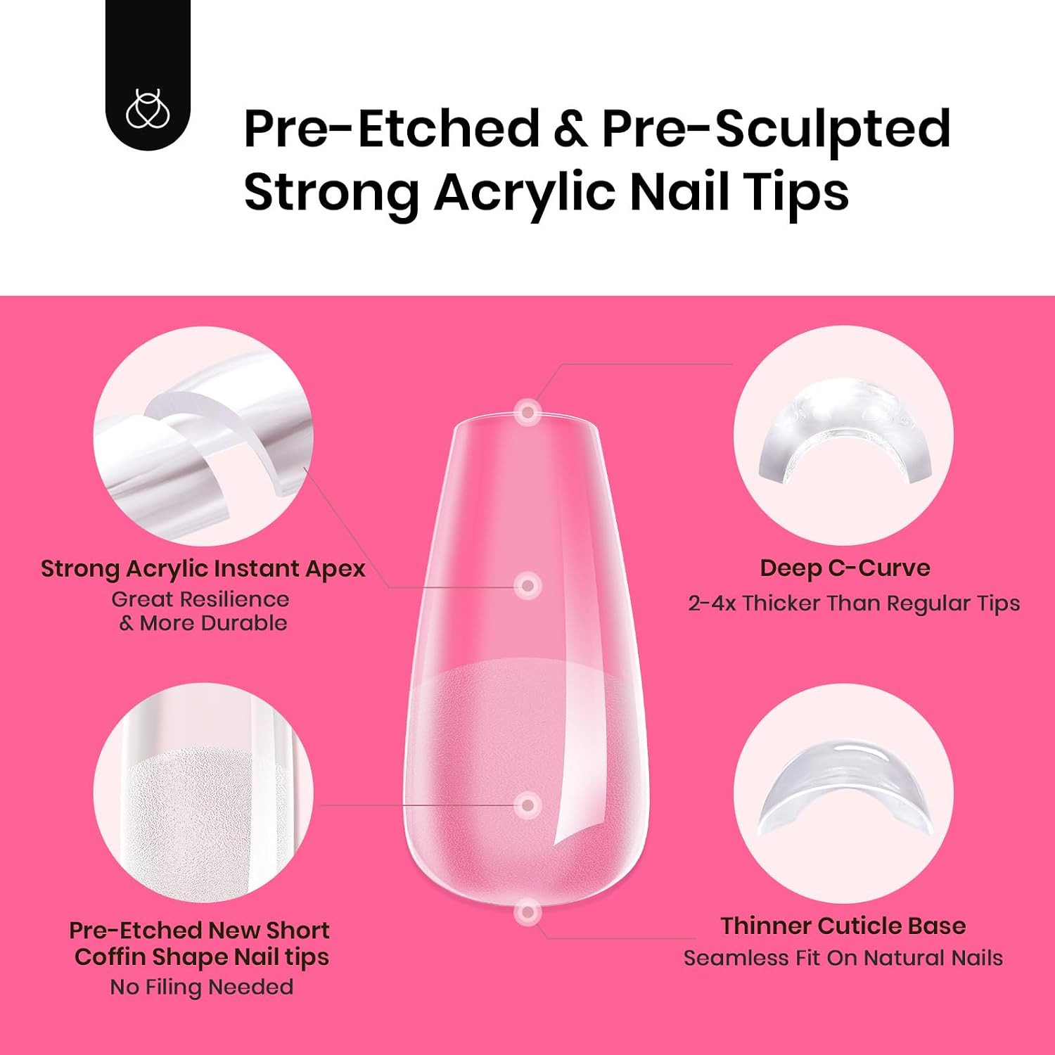 Tipex Instant Apex Nail Tips Kit, Short Coffin, 224Pcs 16 Sizes | No Builder Gel