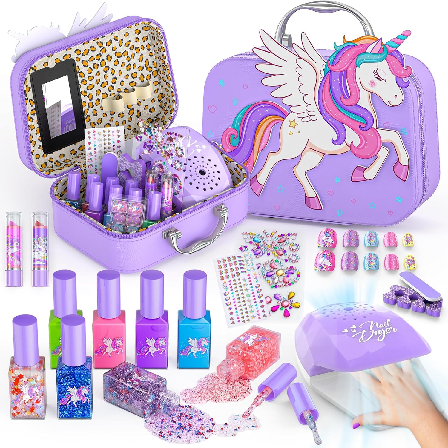 Kids Nail Polish Set Girls Washable Peel Off Non-Toxic Nail Art Kit Dryer Gift