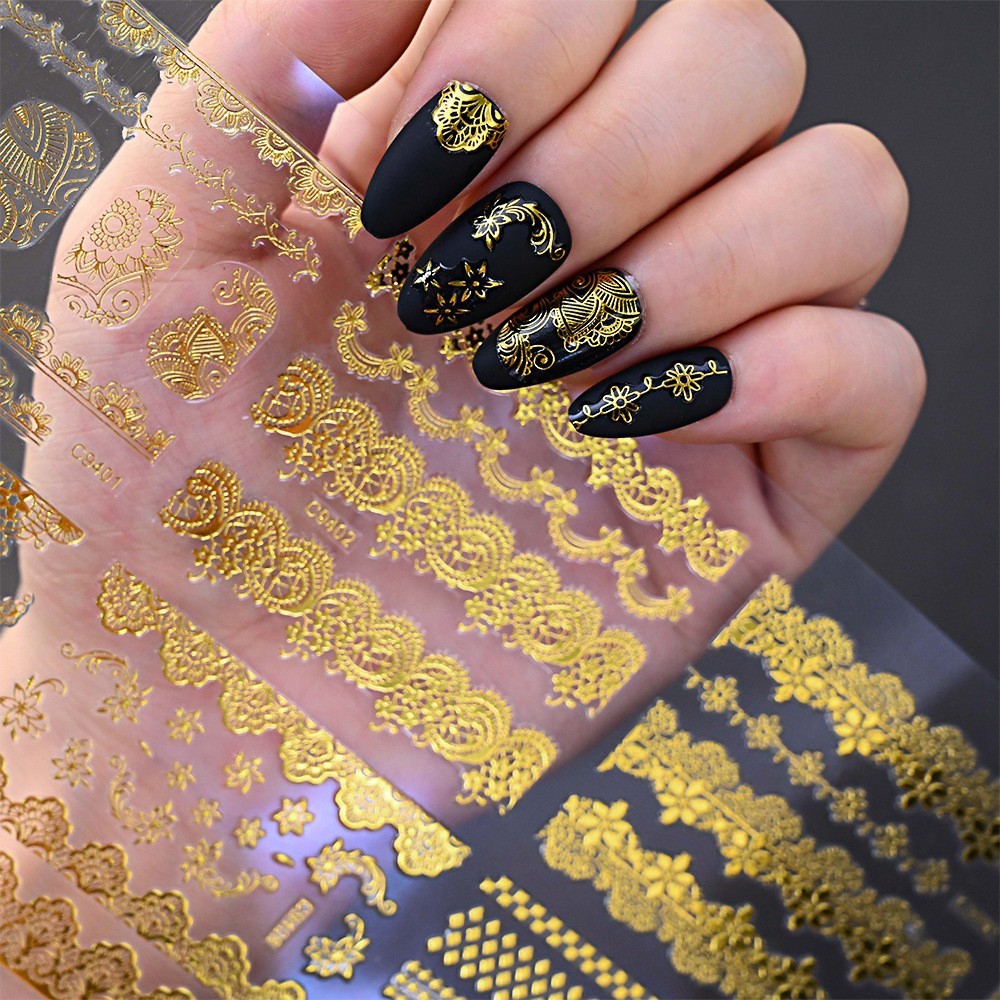 10 Sheets Nail Art Stickers Gold Lace Moon Star French Line Geometric Slider C94