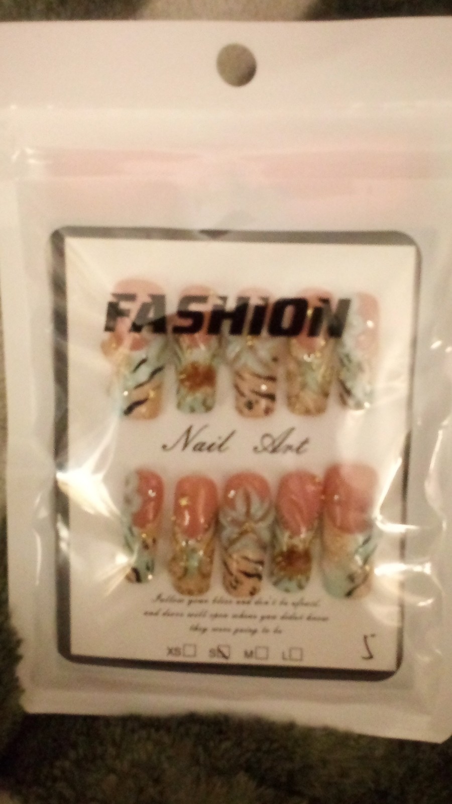 Fashion 3D Press-On Nails Peach Blue Gold medium Square Animal Floral