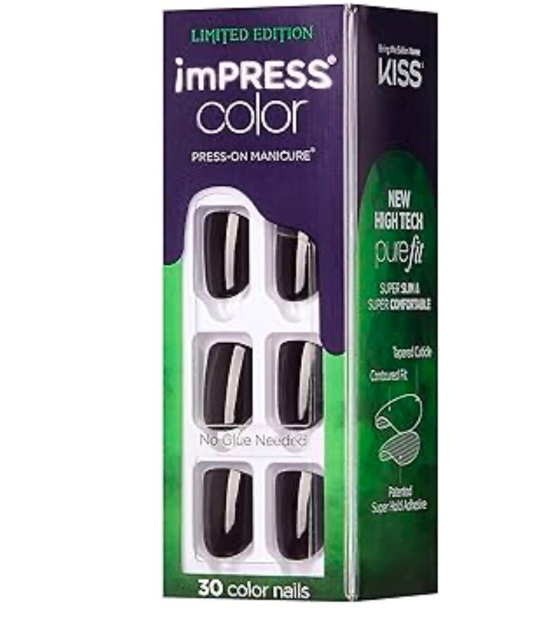 KISS imPRESS Color Shiny Black Short Length Press-On Nails Beneath New x1