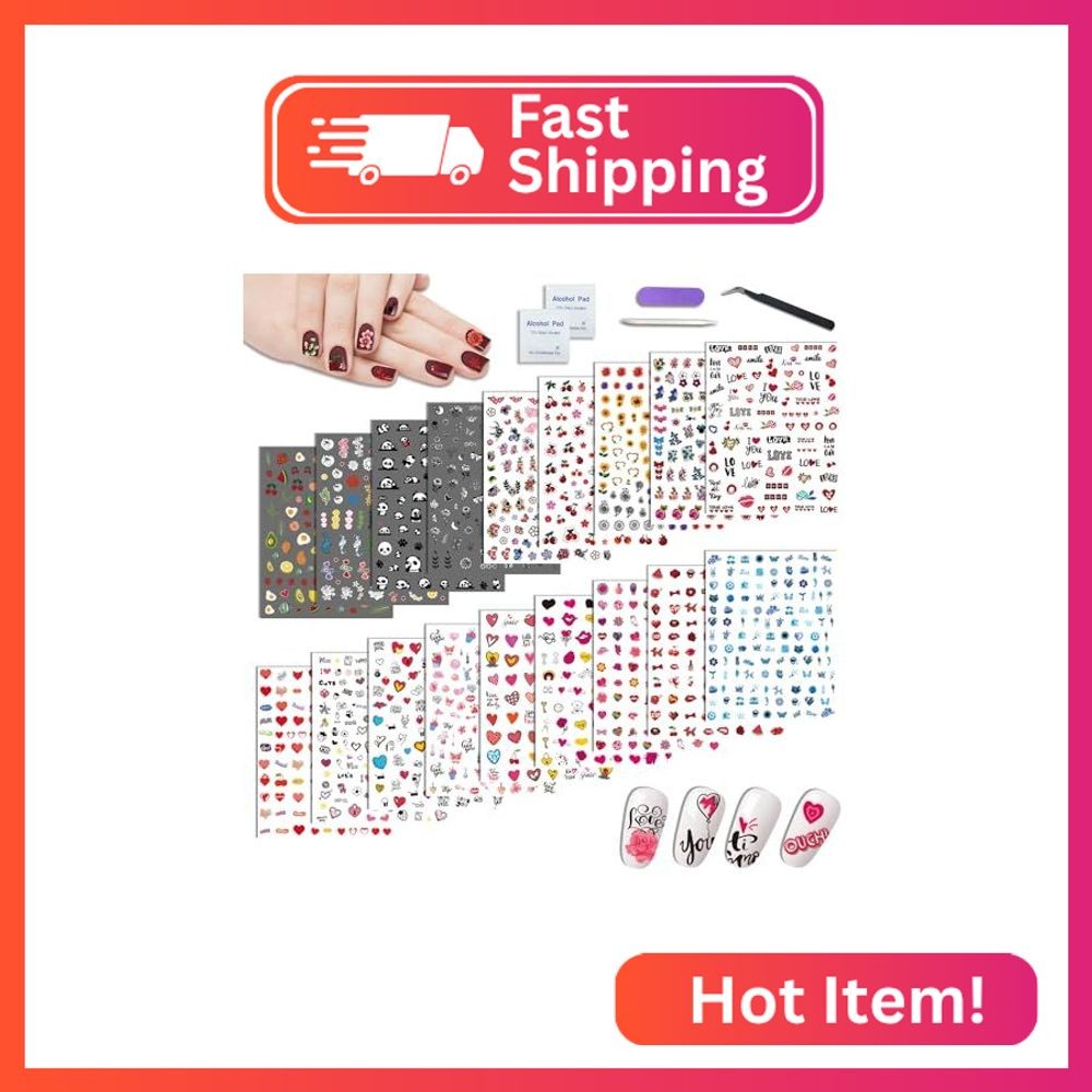 BASIFA Nail Art Stickers for Women Girls Kids, 18 Sheets Acrylic Decals with Twe