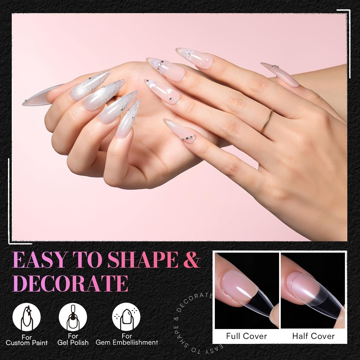 Flexible & Elegant Medium Almond Stiletto Nail Tips – 504 PCS Clear Press-Ons