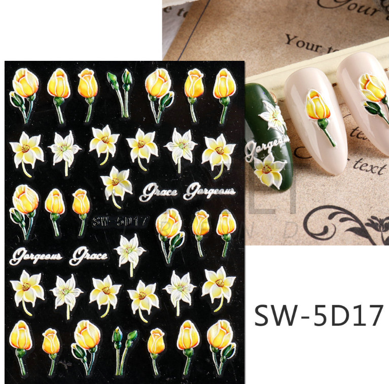 5D Embossed Daisy Tulip Butterfly Camellia Flower Nail Art Stickers Manicure