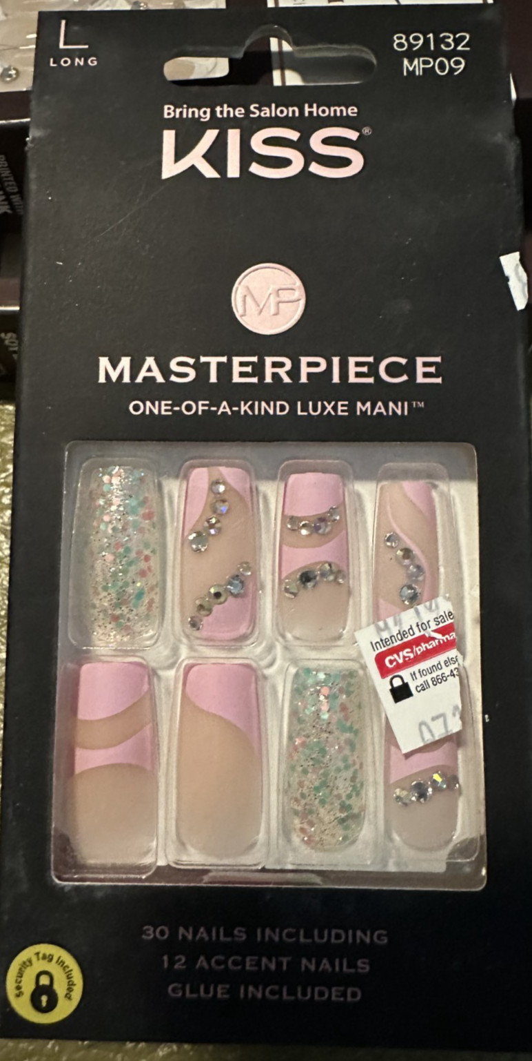 Kiss Nails Manicure Long Pink Silver glitter Jewel accents matte Masterpiece