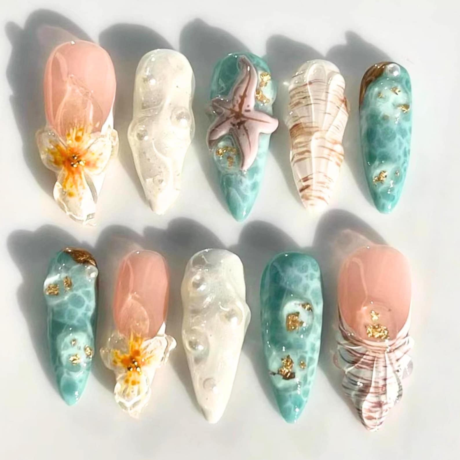 Handmade Ocean Starfish Shell 3D Flower Gold Foil Long Almond Press on Nails